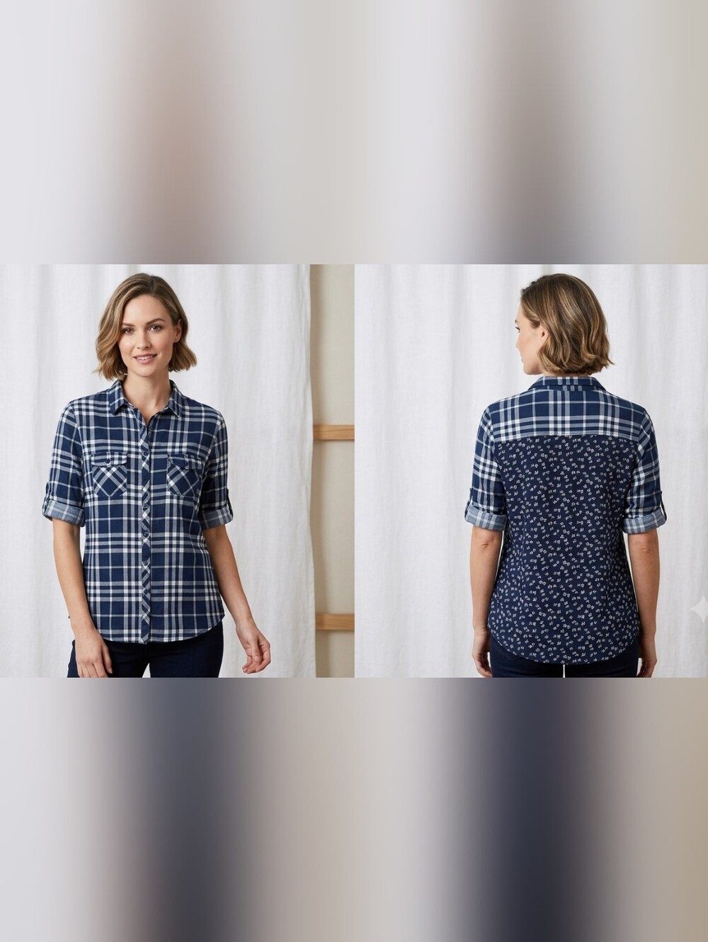 Eden & Olivia Navy and White Mixed Plaid and Floral Button-Down Shirt     WS 97